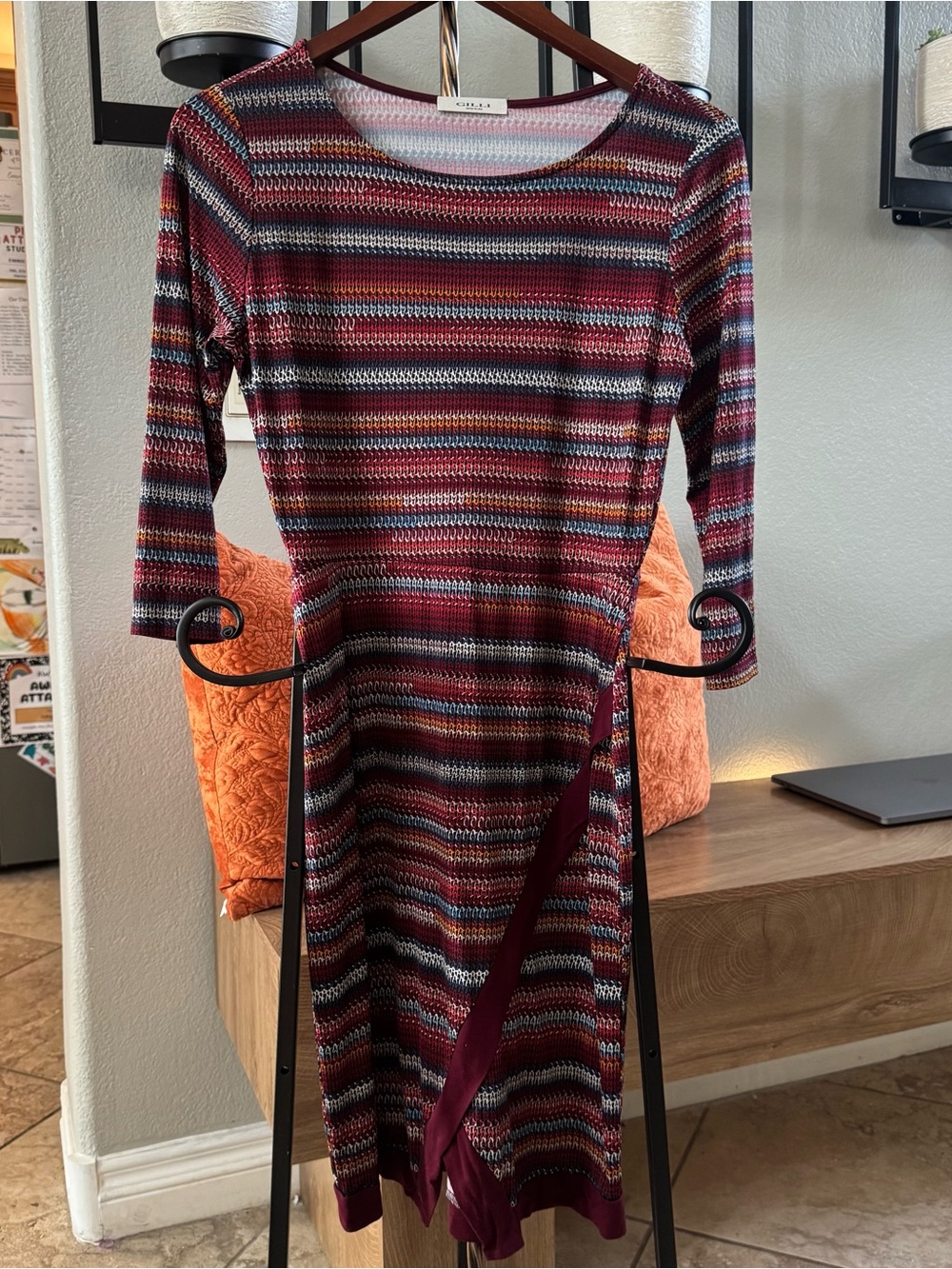 Gilli Burgundy Multicolor Striped Knit Midi Dress